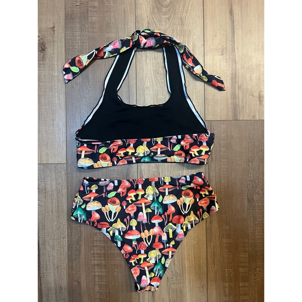Mushroom Print High Waisted Bikini Set Black Halter Top Two Piece Swimsuit M - Picture 5 of 7